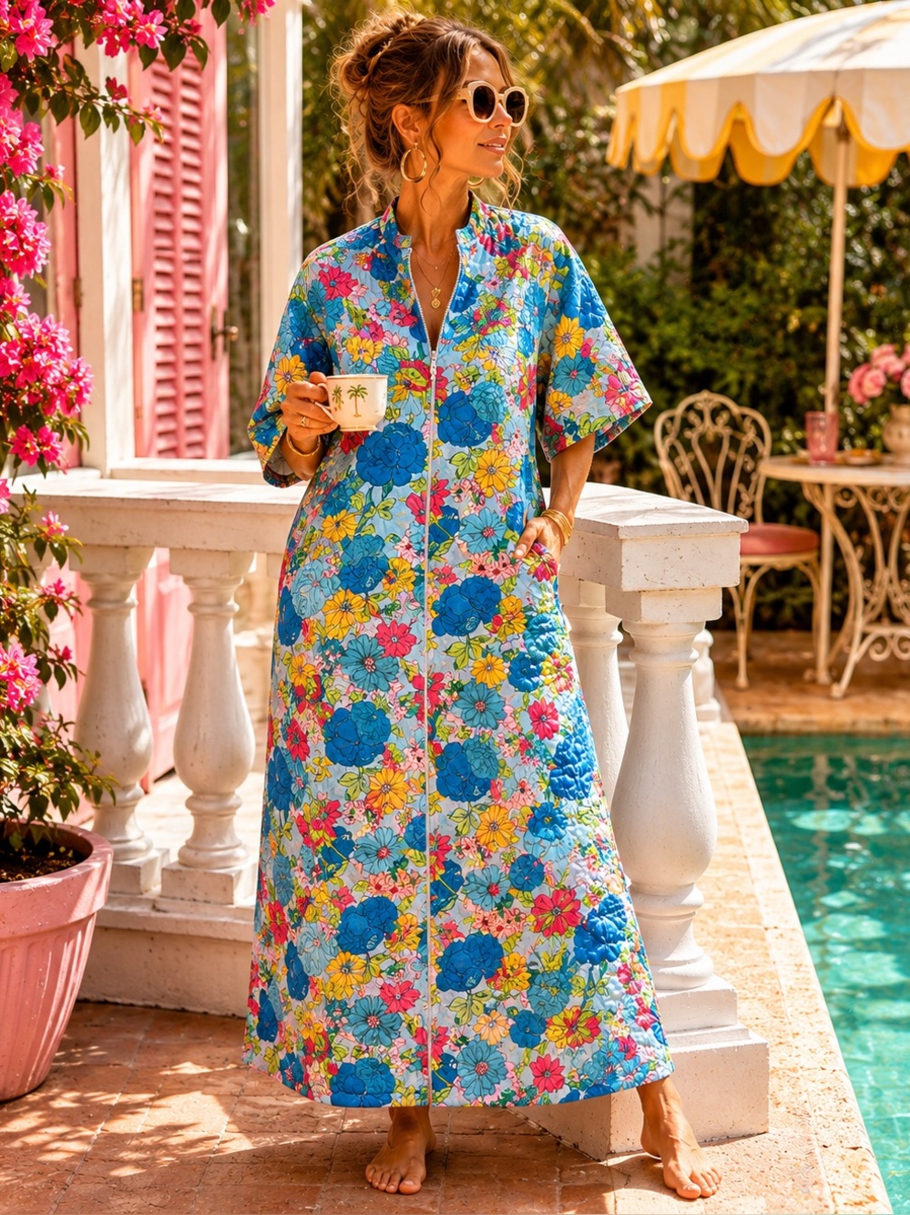 1970s Vintage Mr. Robert Quilted Floral Resort Caftan Housecoat Poolside Robe